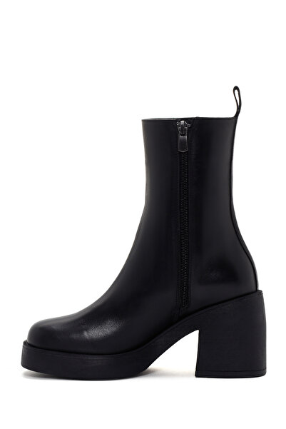 Derimod Γυναικείες δερμάτινες μπότες με μαύρο χοντρό τακούνι με φερμουάρ 23wfd201118