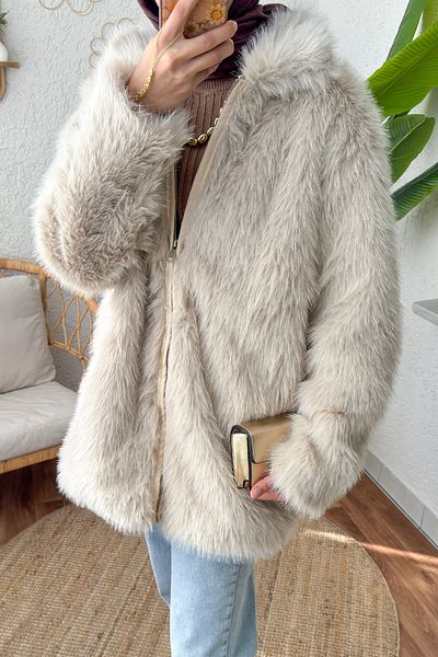 Salih Çelebi 4107 Premium Faux Fur Coat - Χρώμα πέτρας;