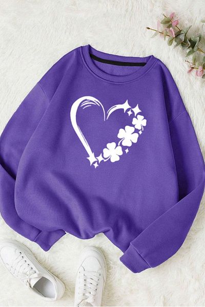 Moda Glo Hanorac oversize din bumbac cu decolteu rotund cu imprimeu inimă