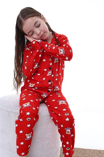 My Hanne Star and Bear Print Collar Girls Pajamas Set 2203