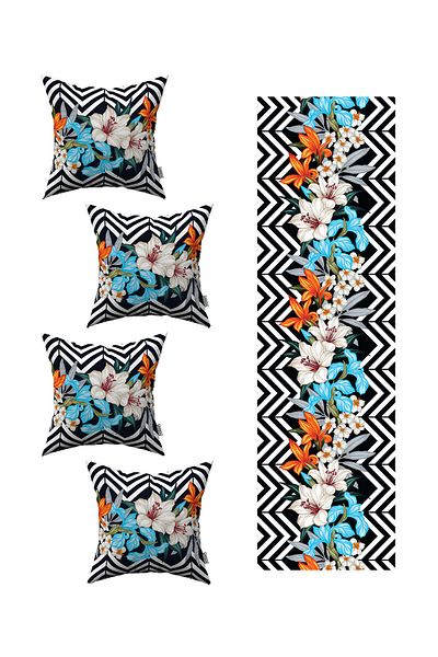 Cango Home Black and White Zigzag Flower Patterned 4-Piece Throw Pillow Cover 1 Runner Set 4kmbs236-rs