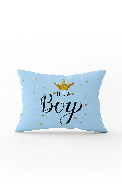 Cango Home Blue It's A Boy Written Digital Print Față de pernă pentru copii - Cgh427-3550 Imprimată pe două fețe