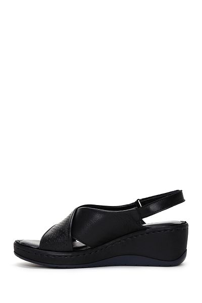 Derimod Black Leather Comfort Sandals - Wedge Heel and Ankle Strap 24sfd341018