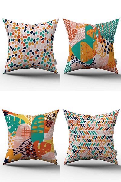 Cango Home Orange Green Tropical Geometric Patterned Digital Printed Throw Pillow Cover Set 4kmbs247