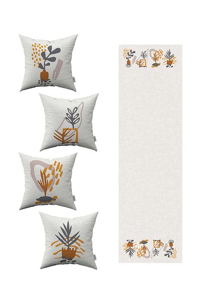 Cango Home Gray Yellow Bohemian Style Leaf Patterned 4-Piece Throw Pillow Cover 1 Runner Set 4kmbs104-rs