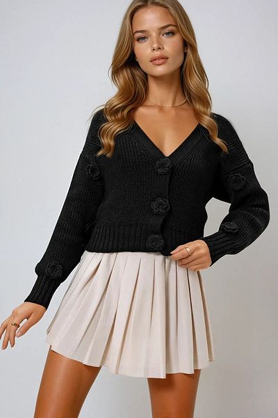 VAGGON Black V-Neck Rose Detailed Knitwear Winter Cardigan - Prm1325