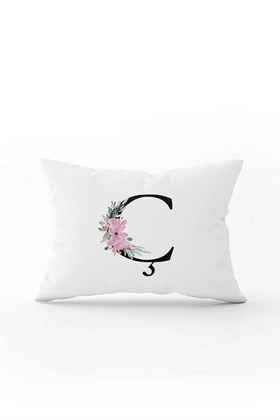 Cango Home Pink Floral Black Letter Double Sided Digital Printed Throw Pillow Cover Letter C