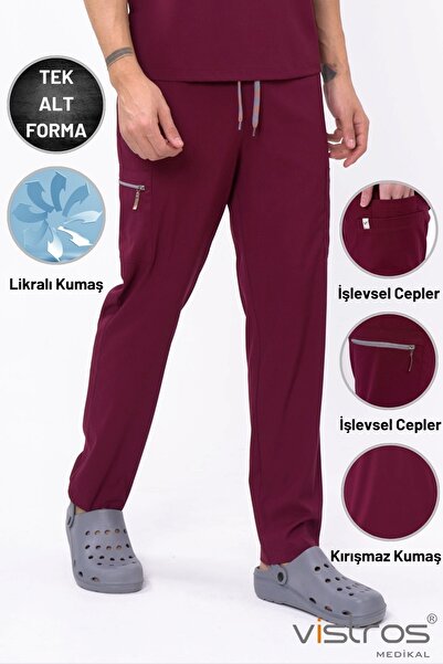 Vistros Medikal Unisex Doktor Hemşire Forması Medikal Forma Cerrahi Bordo Pan...