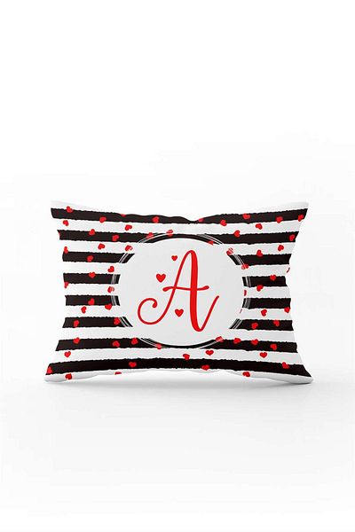 Cango Home Black and White Striped Red Heart Patterned Double Sided Digital Printed Throw Pillow Cover Letter A