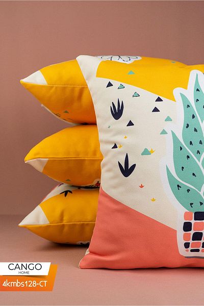 Cango Home Double Sided Orange Pink Cactus Patterned 4-Piece Digital Printed Throw Pillow Pillowcase Set 4kmbs128-c
