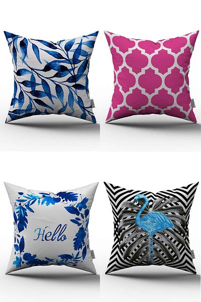 Cango Home Set de 4 huse de pernă cu model geometric tropical, roz, albastru - 43x43 cm - 020