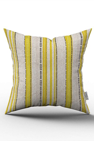 Cango Home Yellow Cream Ethnic Striped Patterned Digital Printed Throw Pillow Cover Cgh942