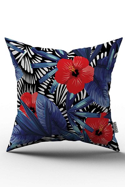 Cango Home Față de pernă cu două fețe, albastru roșu, cu model de flori tropicale, imprimată digitală - Otyk470-ct