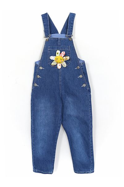 DobaKids Navy Blue Girls' Denim Salopet - με κουμπιά και αξεσουάρ λουλουδιών