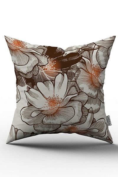 Cango Home Husă de pernă maro cu model de flori portocalii imprimate digital - Otyk316