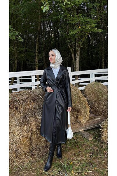 comstar Kadın Belden Bağlamalı Balon Kol Deri Trenç