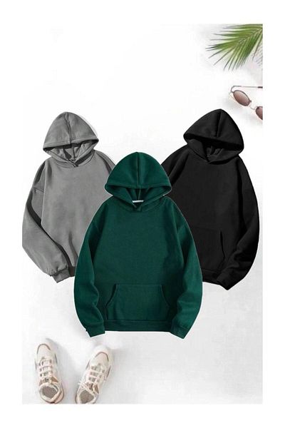 Moda Glo Σετ 3 φούτερ με κουκούλα Unisex Oversize - Απλό χωρίς εκτύπωση