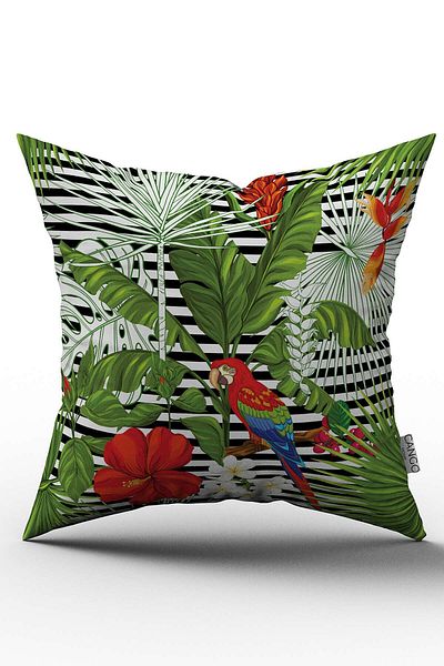 Cango Home Față de pernă neagră roșie cu papagal tropical și model de flori imprimate digital - Otyk468