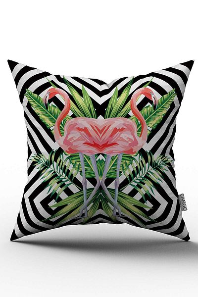 Cango Home Husă de pernă cu model geometric cu flamingo tropical alb-negru imprimată digital - Otyk528