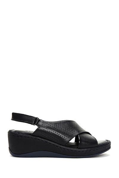 Derimod Black Leather Comfort Sandals - Wedge Heel and Ankle Strap 24sfd341018