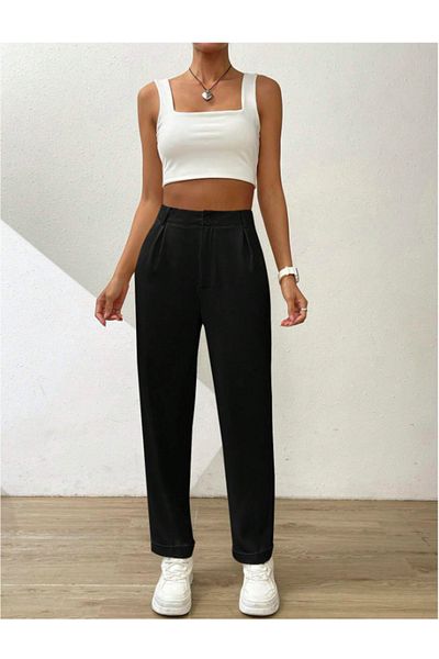 night blue Double Leg Double Pleated Trousers-Black
