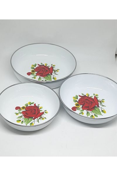 Avşar Enamel My Home 3 Sizes 16-16-20 cm - Breakfast Plate with Salad and Custard Effect