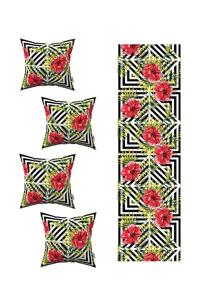 Cango Home Black and White Geometric Floral Patterned 4-Piece Throw Pillow Cover 1 Runner Set 4kmbs232-rs