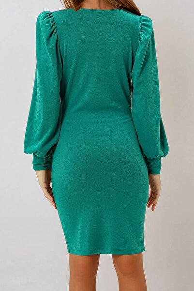 VAGGON Πράσινο Δαντελένιο Γιακά - Πριγκίπισσα Πλεκτό Μίνι Φόρεμα Prm1322