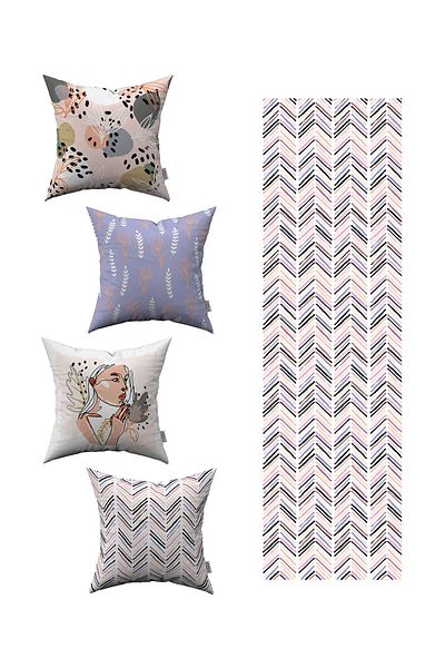 Cango Home Liliac roz abstract cu model decorativ 4 piese husă de pernă 1 set de alergători 4kmbs052-rs-02