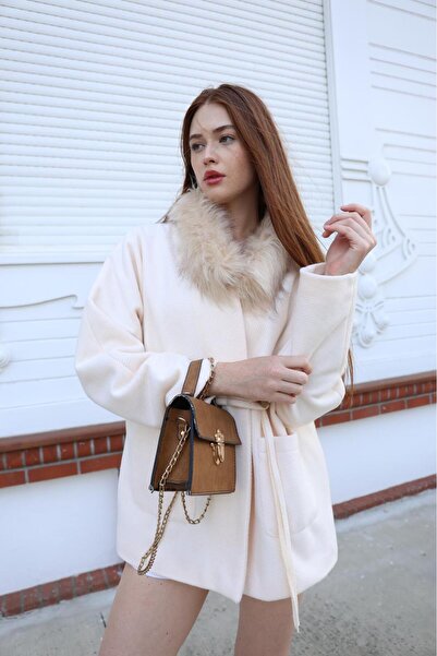 Shazel Kadın Krem Kaban Kürk Yaka Oversize Kışlık Kaşe Kaban