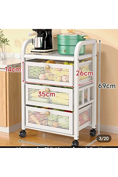 TRENDESK 3 Katlı Metal Beyaz  Çekmeceli Patates Soğan Sebze Meyve Sepeti Sebz...