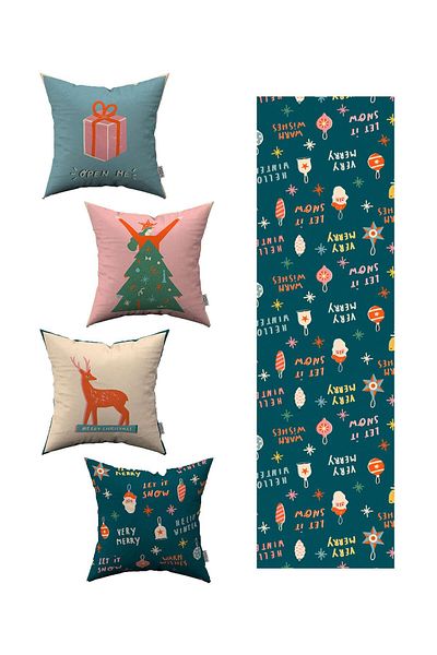 Cango Home Green Christmas Themed 4-Piece Throw Pillow Cover 1 Runner Set 4kmbs057-rs