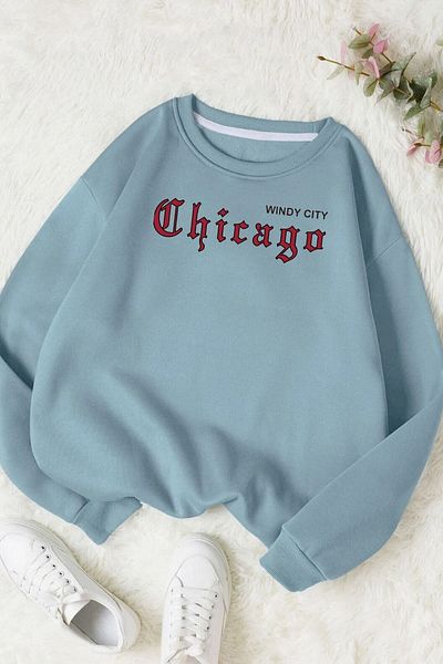 Moda Glo Hanorac unisex din bumbac cu decolteu rotund cu imprimeu Windy City