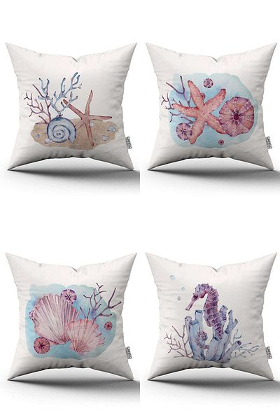 Cango Home Set de 4 huse de pernă cu model marin, albastru, roz, imprimate digital - 4kmbs280