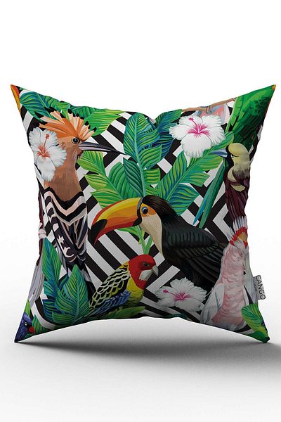 Cango Home Husă de pernă albă cu model de păsări tropicale multicolore imprimate digital - Yst08