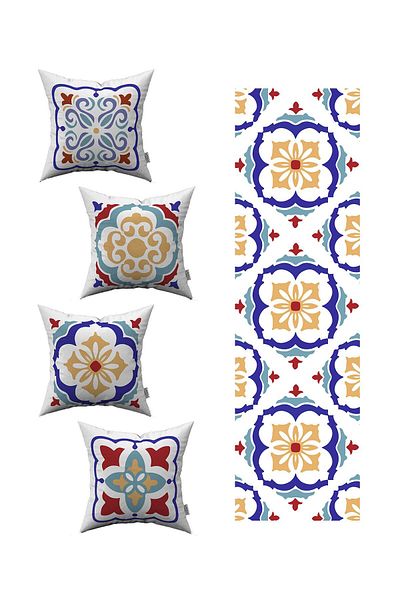Cango Home Red Blue Modern Ethnic Tile Patterned 4-Piece Throw Pillow Cover 1 Runner Set 4kmbs99-rs-02