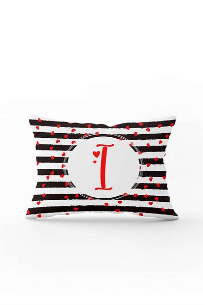 Cango Home Black and White Striped Red Heart Patterned Double Sided Digital Printed Throw Pillow Cover Letter I
