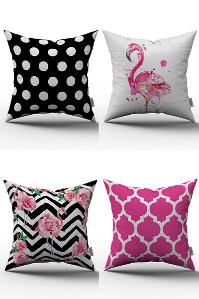 Cango Home Set de 4 huse de pernă cu model geometric flamingo roz negru - 43x43 cm - 021