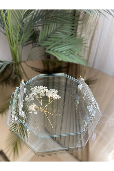 Housess Σετ 2 Δίσκοι Αρραβώνας Henna - Διαφανές, Διπλό Γυαλί, Σετ Δίσκος Σερβιρίσματος με Μοτίβο Λουλουδιών, Ασημένια Λαβή