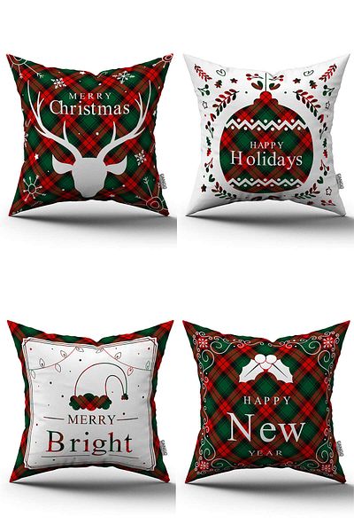 Cango Home Red Green Plaid Christmas Themed 4-Piece Throw Pillow Cover Set 4kmbs172