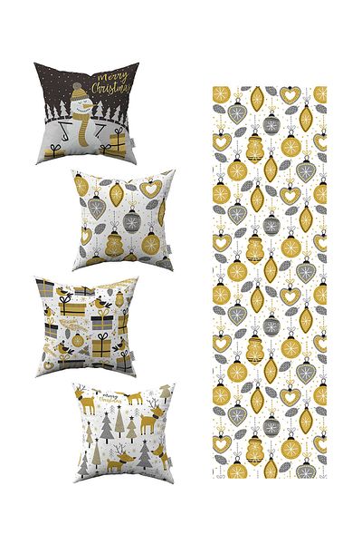 Cango Home Yellow Gray Christmas Themed 4-Piece Throw Pillow Cover 1 Runner Set 4kmbs155-rs-02
