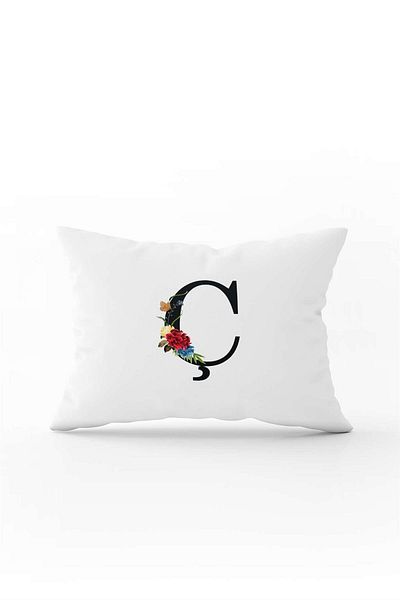 Cango Home Red Floral Black Letter Double Sided Digital Printed Throw Pillow Cover Letter C