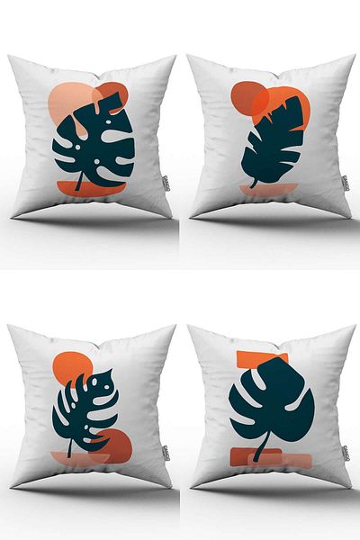 Cango Home Navy Blue Orange Modern Style Leaf Patterned Digital Printed Throw Pillow Pillow Case Set 4kmbs115