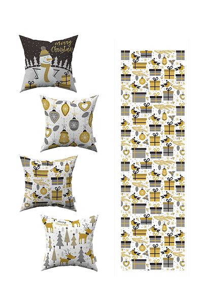 Cango Home Yellow Gray Christmas Themed 4-Piece Throw Pillow Cover 1 Runner Set 4kmbs155-rs-01