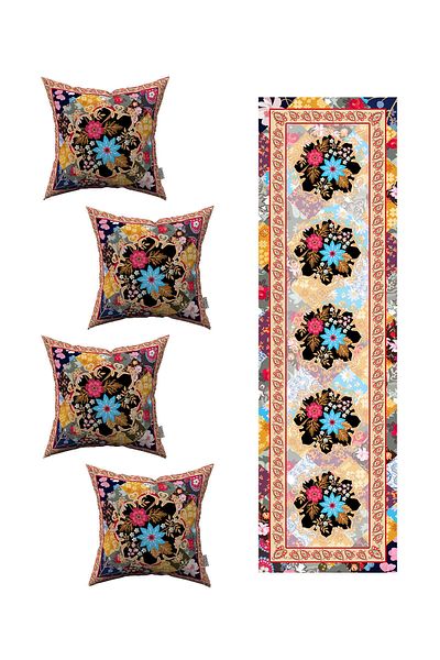 Cango Home Orange Black Ethnic Floral Patterned 4-Piece Throw Pillow Cover 1 Runner Set 4kmbs231-rs
