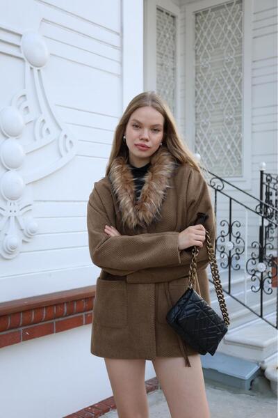 Shazel Kadın Vizon Kaban Kürk Yaka Oversize Kışlık Kaşe Kaban