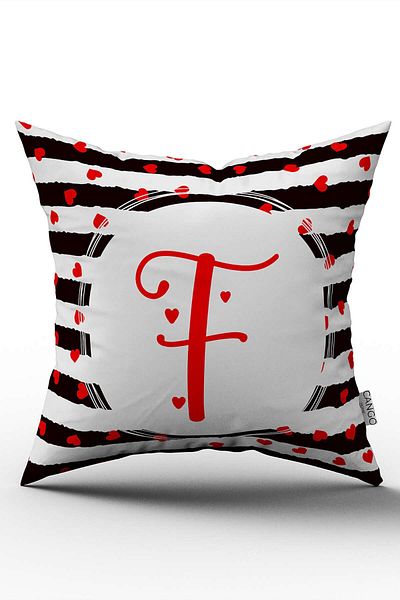 Cango Home Black and White Valentine's Day Red Heart Patterned Letter Throw Pillow Pillow Case Letter F