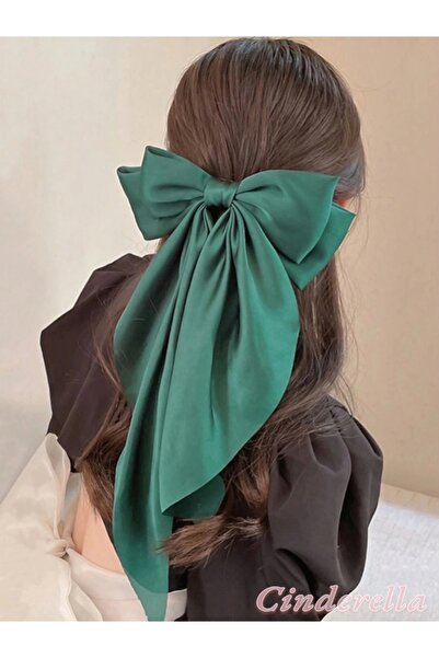 Cinderella Κομψό γυναικείο σατέν μεγάλο φιόγκο - Πράσινη κορδέλα αυτόματη αγκράφα και κλιπ μαλλιών