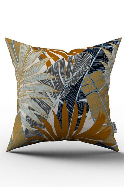 Cango Home Double Sided Brown Navy Blue Tropical Leaf Patterned Digital Printed Throw Pillow Cover - Otyk767-Ct
