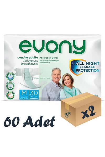 Evony Adult Diapers - Medium 30 Pcs, with Waist Band, 2 Packs of 60 Pieces